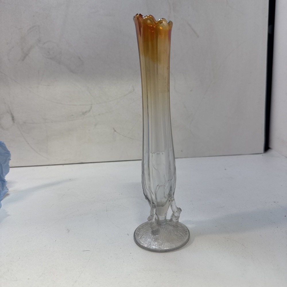Vintage Dugan "Twigs" Carnival Glass Bud Vase Marigold  8.25" Tall MCM Art Glass